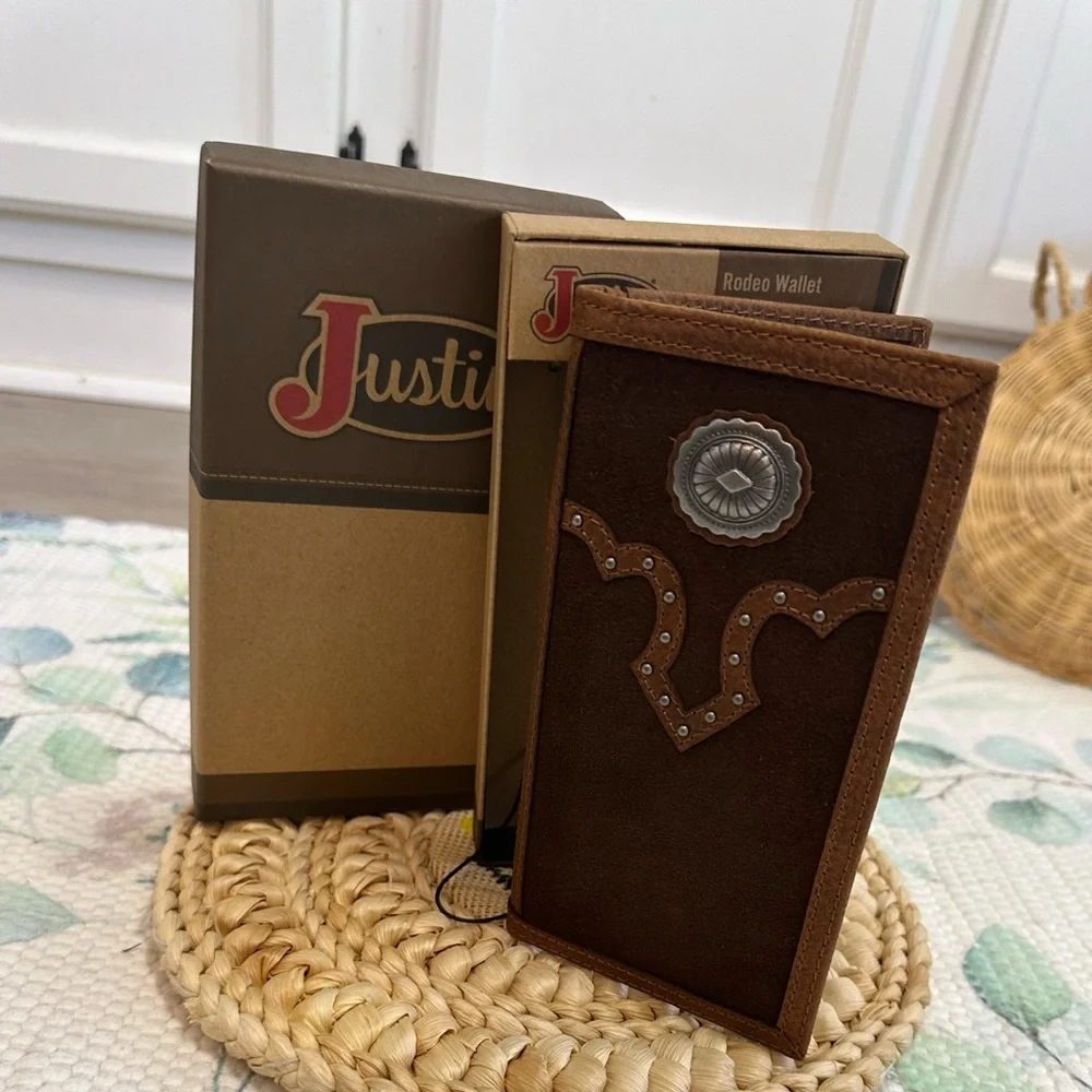 New Justin Boots Dark Brown Slim Bi Fold Leather Jr. Rodeo Wallet NIB